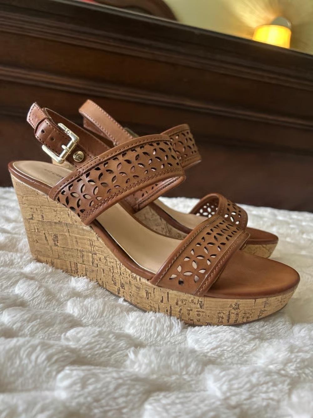 Time and Tru Brown Laser-Cut Cork Wedge Sandals